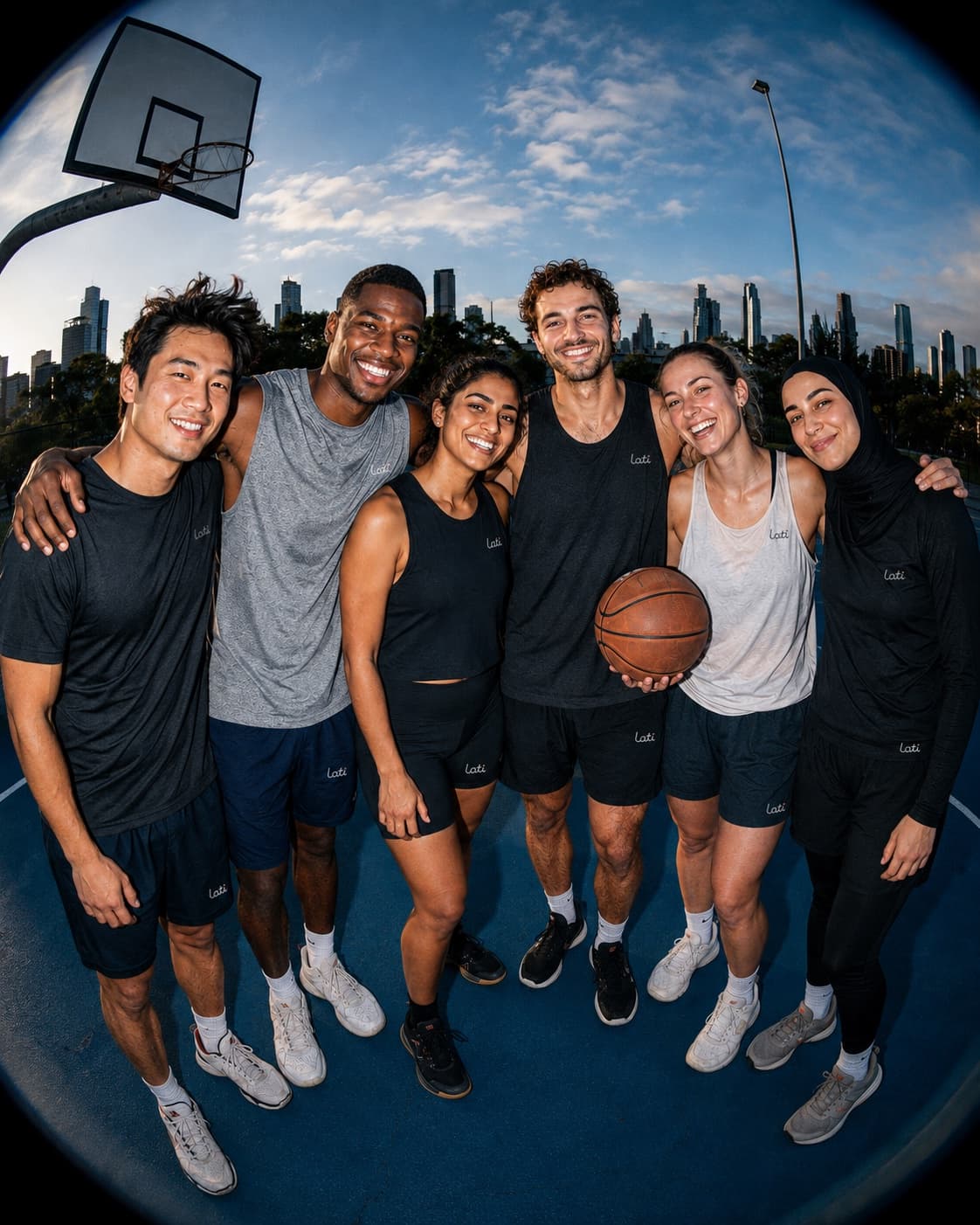 A Lati crew on a Melbourne court at dusk, arms around each other