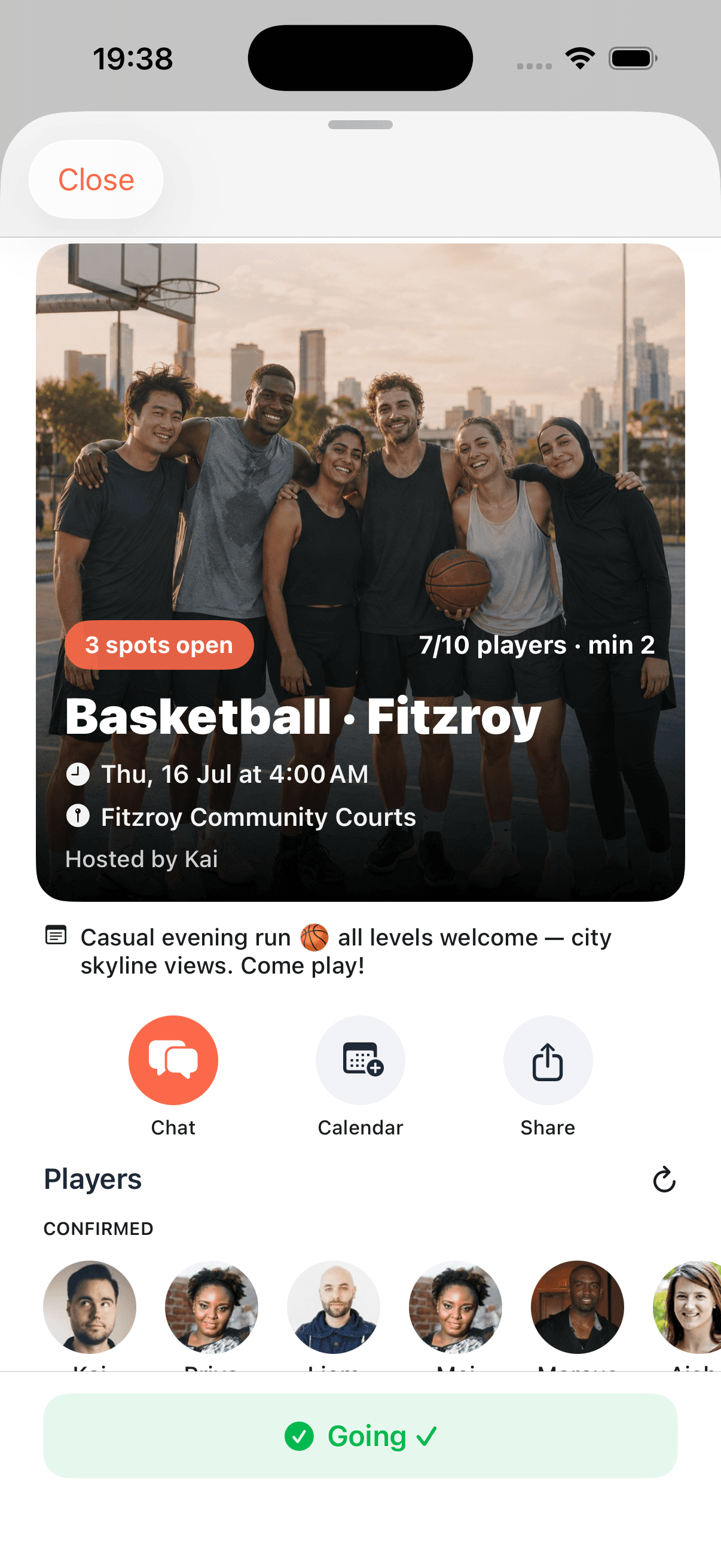 A Lati session detail screen — basketball at Fitzroy, 7 of 10 players confirmed